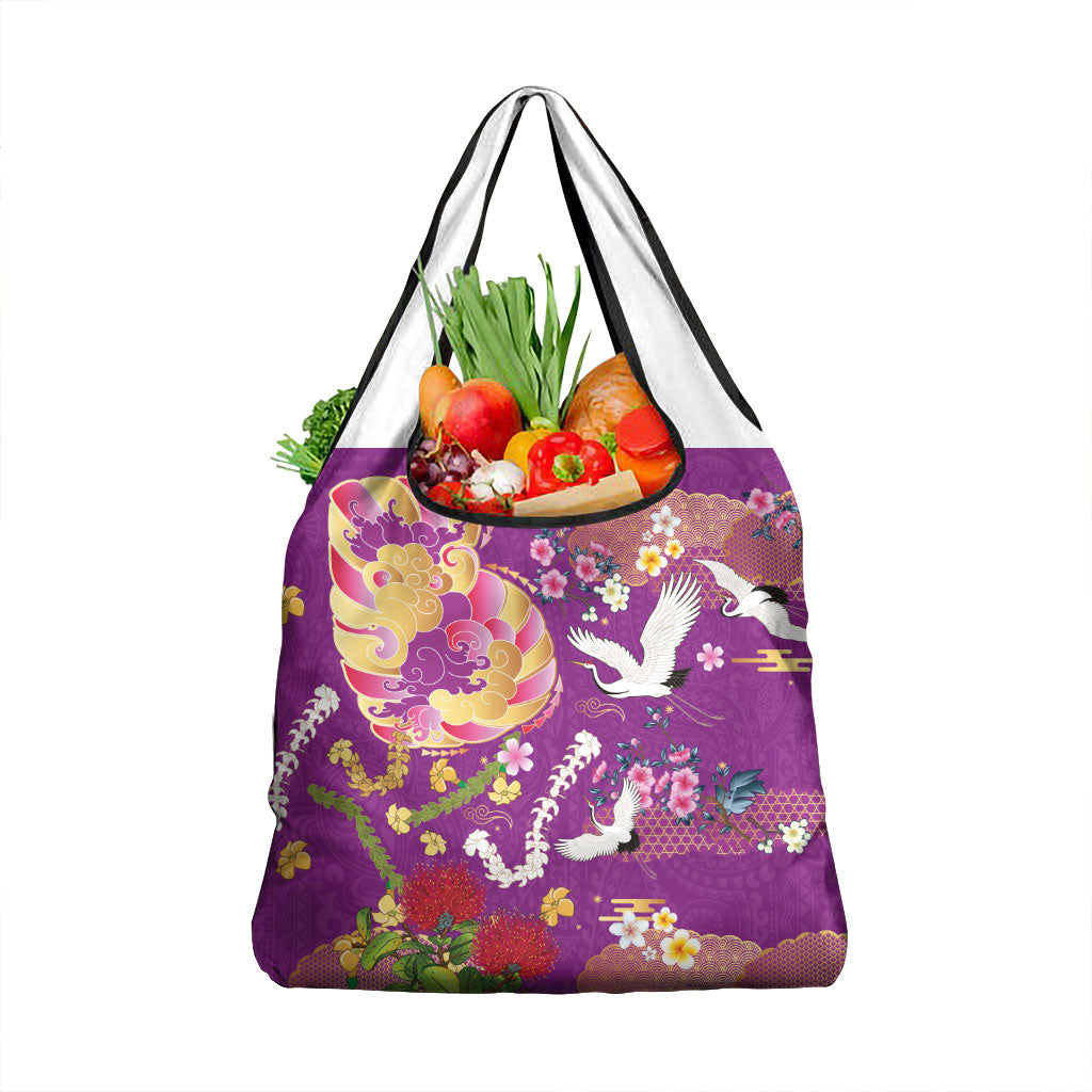 Hawaiian and Japanese Culture Together Grocery Bag Kakau Tribal Pattern and Irezumi Art Purple Color