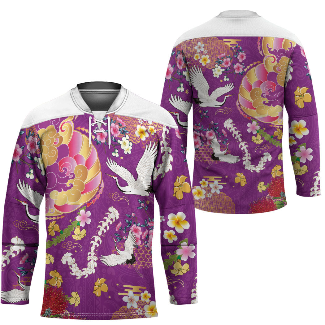 Hawaiian and Japanese Culture Together Hockey Jersey Kakau Tribal Pattern and Irezumi Art Purple Color