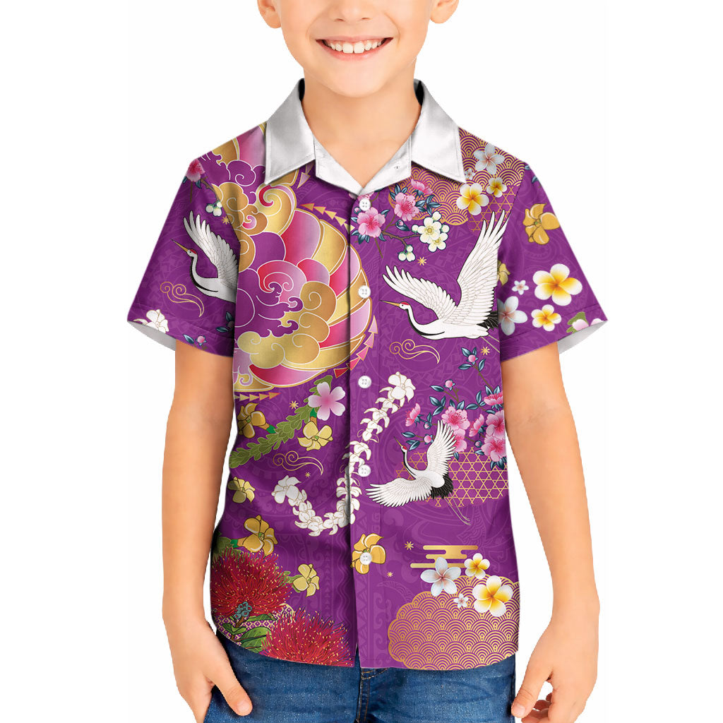 Hawaiian and Japanese Culture Together Kid Hawaiian Shirt Kakau Tribal Pattern and Irezumi Art Purple Color
