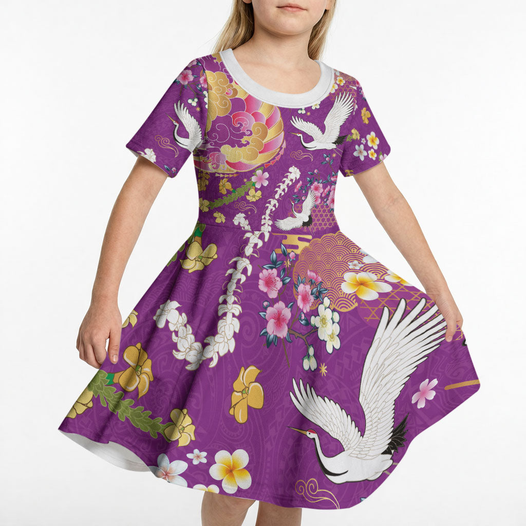 Hawaiian and Japanese Culture Together Kid Short Sleeve Dress Kakau Tribal Pattern and Irezumi Art Purple Color