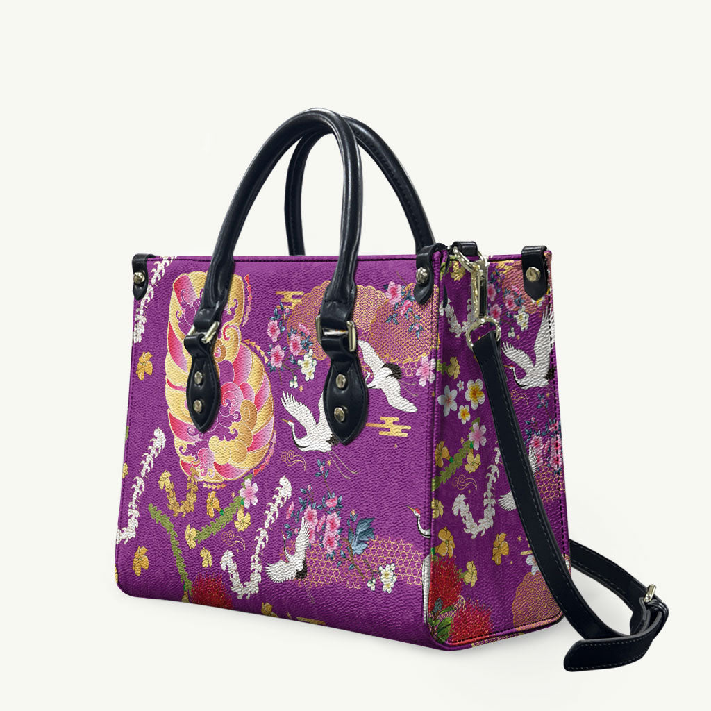 Hawaiian and Japanese Culture Together Leather Bag Kakau Tribal Pattern and Irezumi Art Purple Color