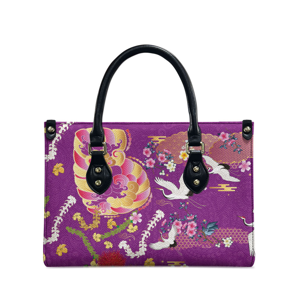 Hawaiian and Japanese Culture Together Leather Bag Kakau Tribal Pattern and Irezumi Art Purple Color