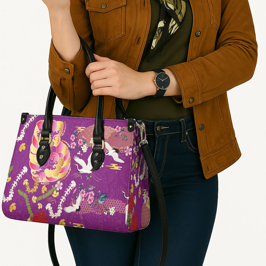 Hawaiian and Japanese Culture Together Leather Bag Kakau Tribal Pattern and Irezumi Art Purple Color