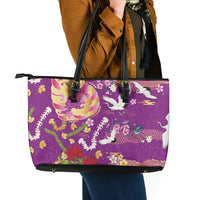 Hawaiian and Japanese Culture Together Leather Tote Bag Kakau Tribal Pattern and Irezumi Art Purple Color
