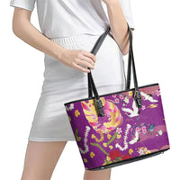Hawaiian and Japanese Culture Together Leather Tote Bag Kakau Tribal Pattern and Irezumi Art Purple Color