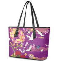 Hawaiian and Japanese Culture Together Leather Tote Bag Kakau Tribal Pattern and Irezumi Art Purple Color