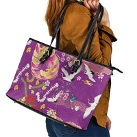 Hawaiian and Japanese Culture Together Leather Tote Bag Kakau Tribal Pattern and Irezumi Art Purple Color