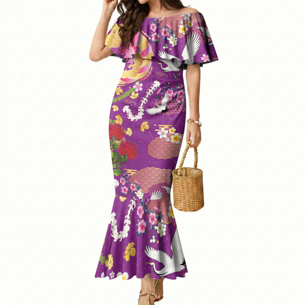 Hawaiian and Japanese Culture Together Mermaid Dress Kakau Tribal Pattern and Irezumi Art Purple Color