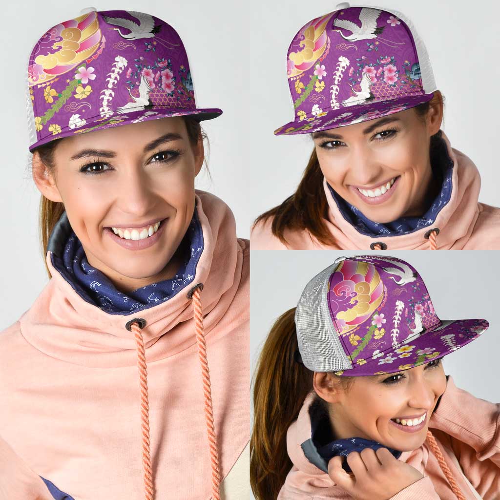 Hawaiian and Japanese Culture Together Mesh Trucker Cap Kakau Tribal Pattern and Irezumi Art Purple Color