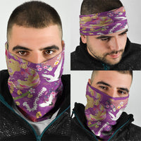 Hawaiian and Japanese Culture Together Neck Gaiter Kakau Tribal Pattern and Irezumi Art Purple Color