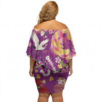 Hawaiian and Japanese Culture Together Off Shoulder Short Dress Kakau Tribal Pattern and Irezumi Art Purple Color