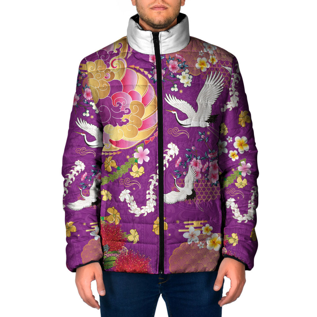 Hawaiian and Japanese Culture Together Padded Jacket Kakau Tribal Pattern and Irezumi Art Purple Color