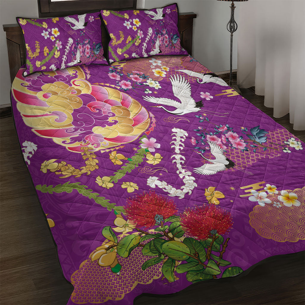 Hawaiian and Japanese Culture Together Quilt Bed Set Kakau Tribal Pattern and Irezumi Art Purple Color