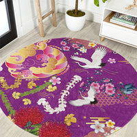 Hawaiian and Japanese Culture Together Round Carpet Kakau Tribal Pattern and Irezumi Art Purple Color