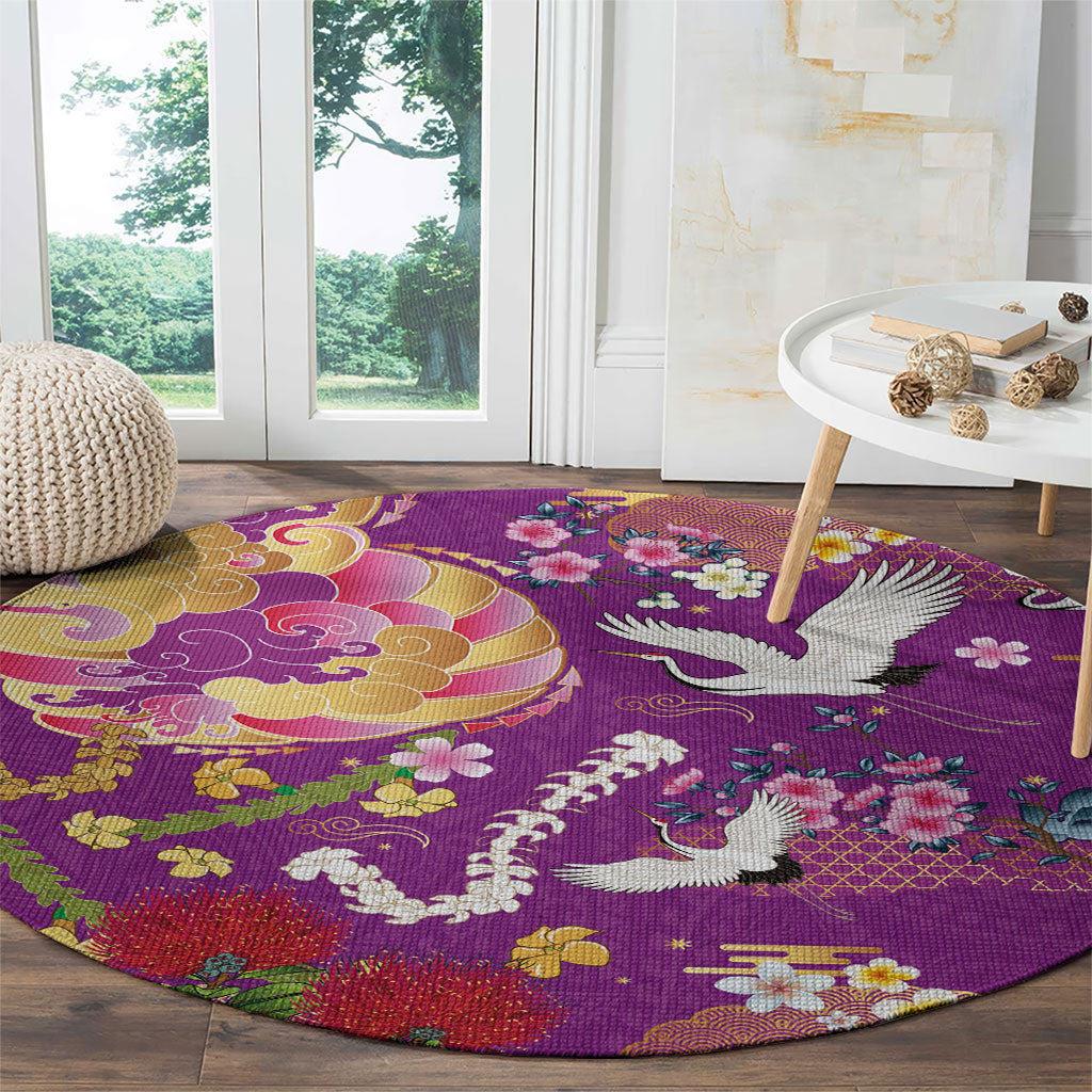 Hawaiian and Japanese Culture Together Round Carpet Kakau Tribal Pattern and Irezumi Art Purple Color