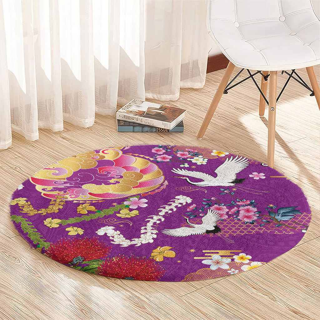 Hawaiian and Japanese Culture Together Round Carpet Kakau Tribal Pattern and Irezumi Art Purple Color