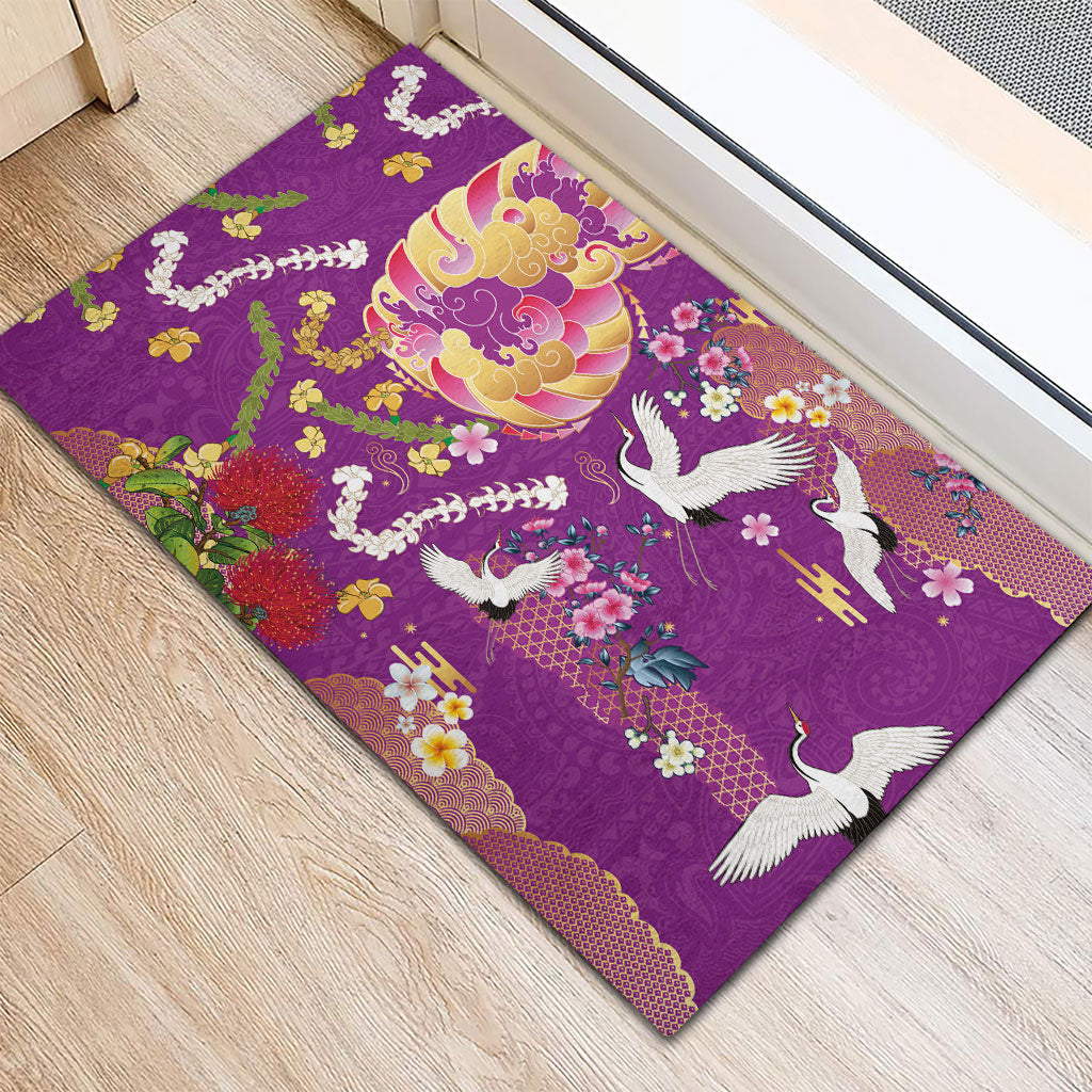 Hawaiian and Japanese Culture Together Rubber Doormat Kakau Tribal Pattern and Irezumi Art Purple Color