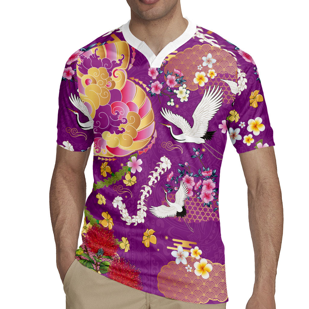 Hawaiian and Japanese Culture Together Rugby Jersey Kakau Tribal Pattern and Irezumi Art Purple Color