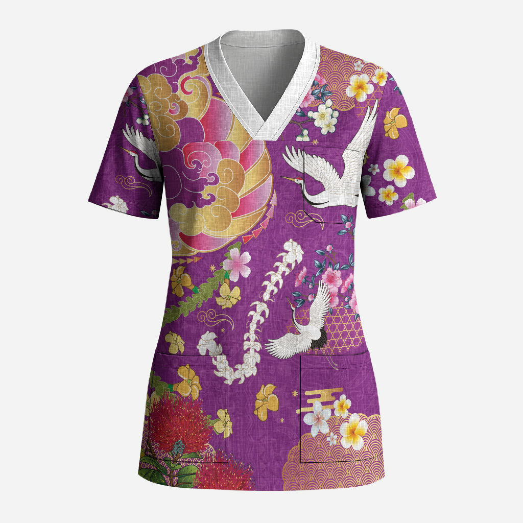 Hawaiian and Japanese Culture Together Scrub Top Kakau Tribal Pattern and Irezumi Art Purple Color LT03 Adult Purple - Polynesian Pride