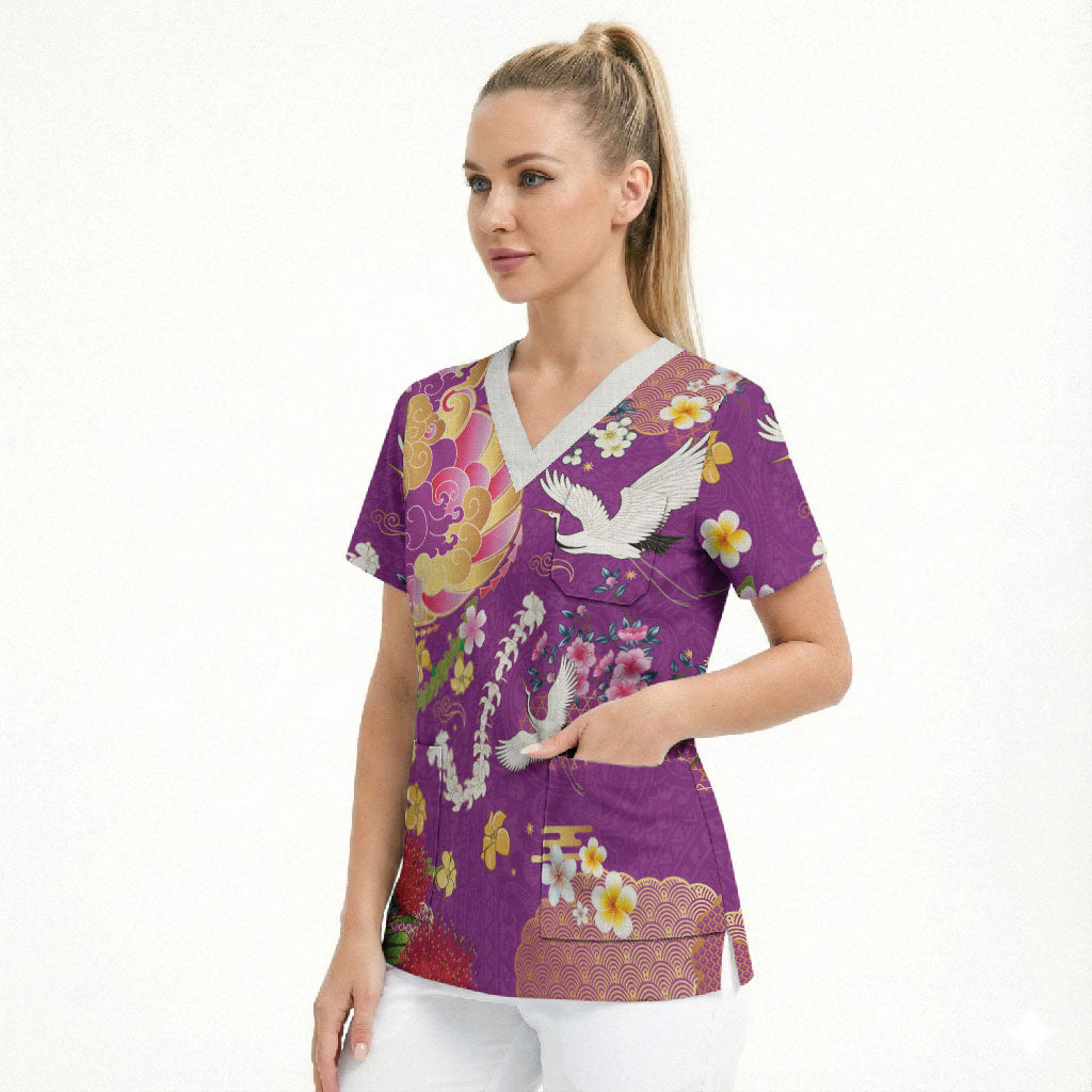 Hawaiian and Japanese Culture Together Scrub Top Kakau Tribal Pattern and Irezumi Art Purple Color