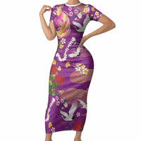 Hawaiian and Japanese Culture Together Short Sleeve Bodycon Dress Kakau Tribal Pattern and Irezumi Art Purple Color