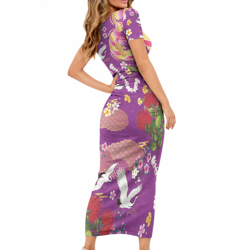 Hawaiian and Japanese Culture Together Short Sleeve Bodycon Dress Kakau Tribal Pattern and Irezumi Art Purple Color