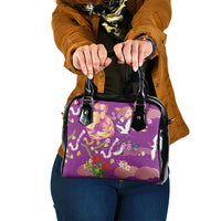 Hawaiian and Japanese Culture Together Shoulder Handbag Kakau Tribal Pattern and Irezumi Art Purple Color