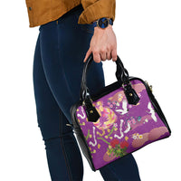 Hawaiian and Japanese Culture Together Shoulder Handbag Kakau Tribal Pattern and Irezumi Art Purple Color