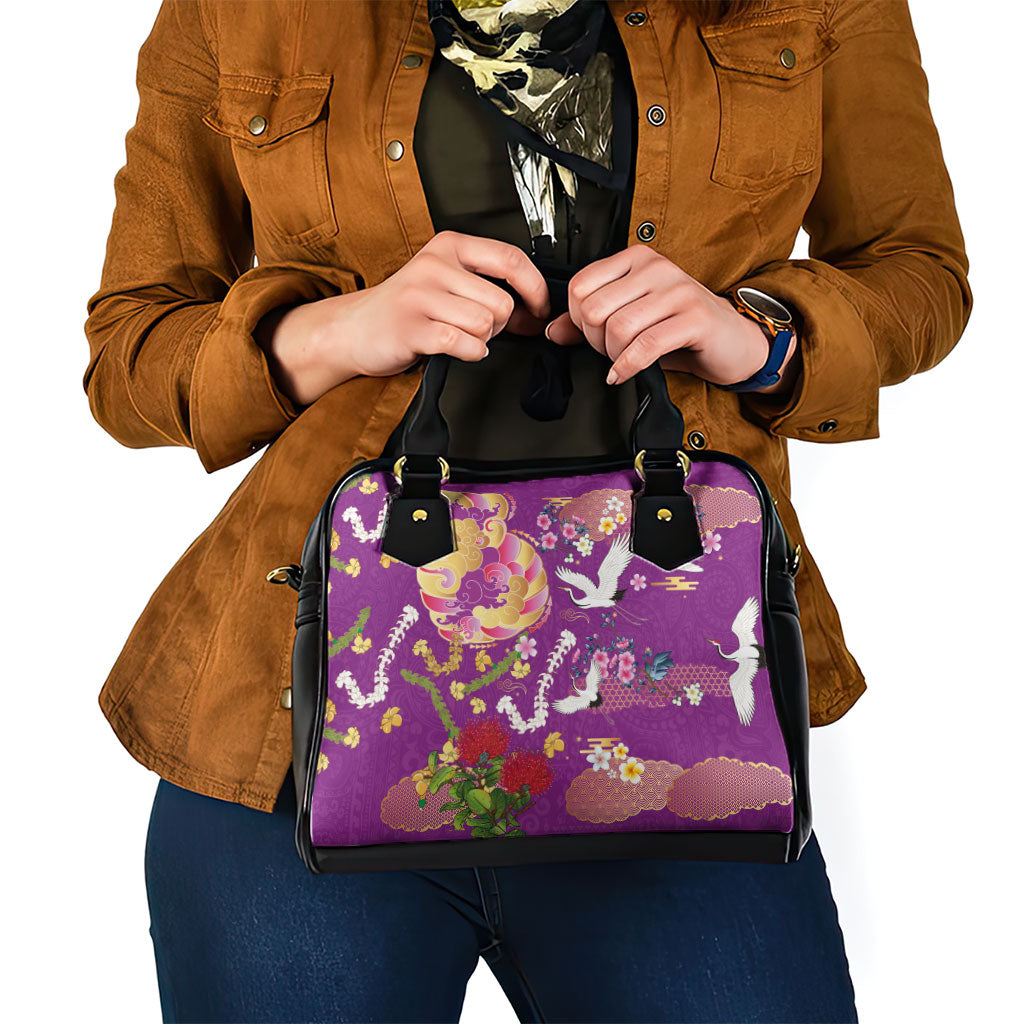 Hawaiian and Japanese Culture Together Shoulder Handbag Kakau Tribal Pattern and Irezumi Art Purple Color