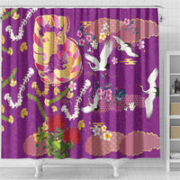 Hawaiian and Japanese Culture Together Shower Curtain Kakau Tribal Pattern and Irezumi Art Purple Color