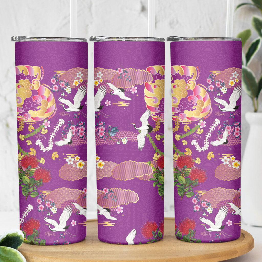 Hawaiian and Japanese Culture Together Skinny Tumbler Kakau Tribal Pattern and Irezumi Art Purple Color