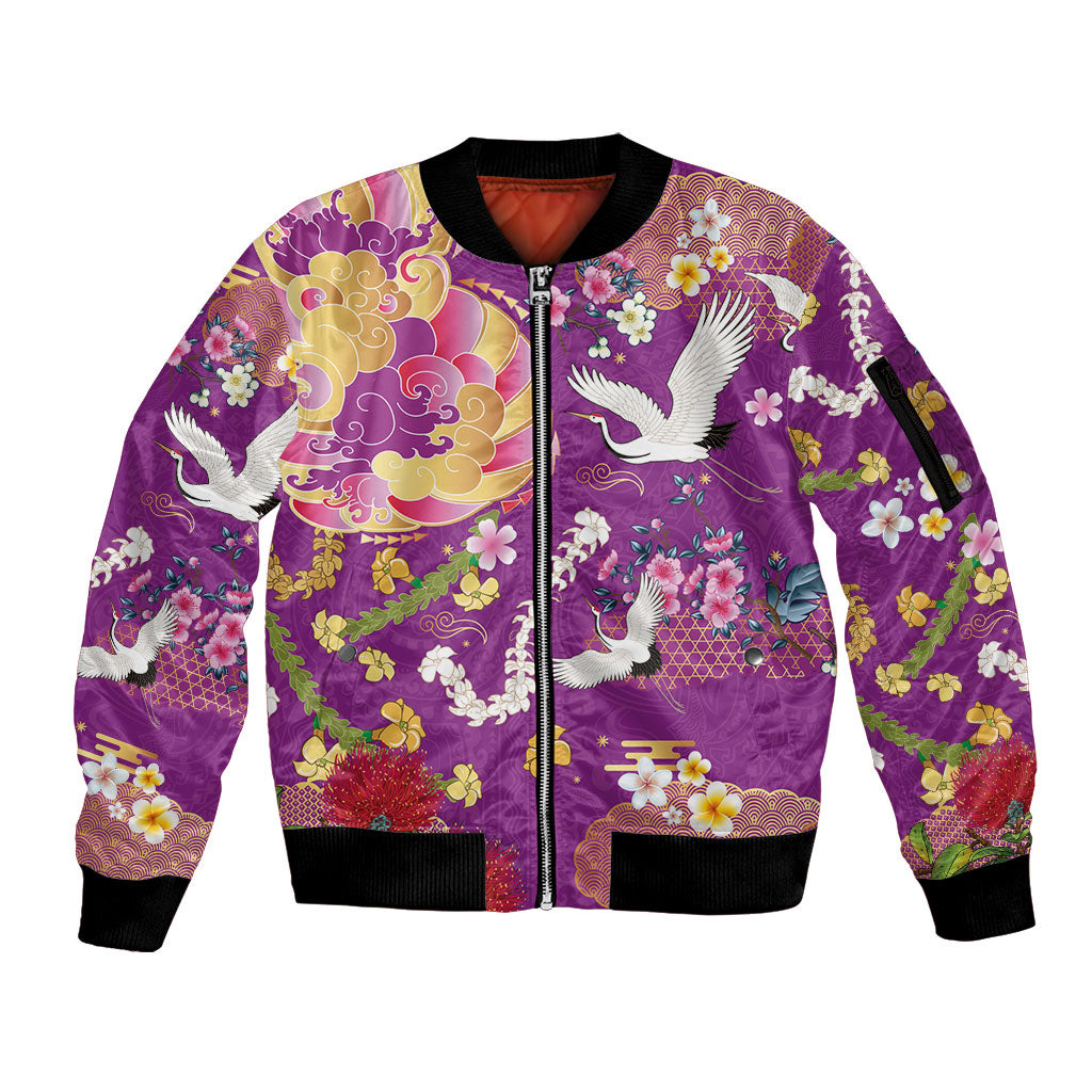 Hawaiian and Japanese Culture Together Sleeve Zip Bomber Jacket Kakau Tribal Pattern and Irezumi Art Purple Color