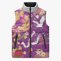 Hawaiian and Japanese Culture Together Sleeveless Puffer Jacket Kakau Tribal Pattern and Irezumi Art Purple Color