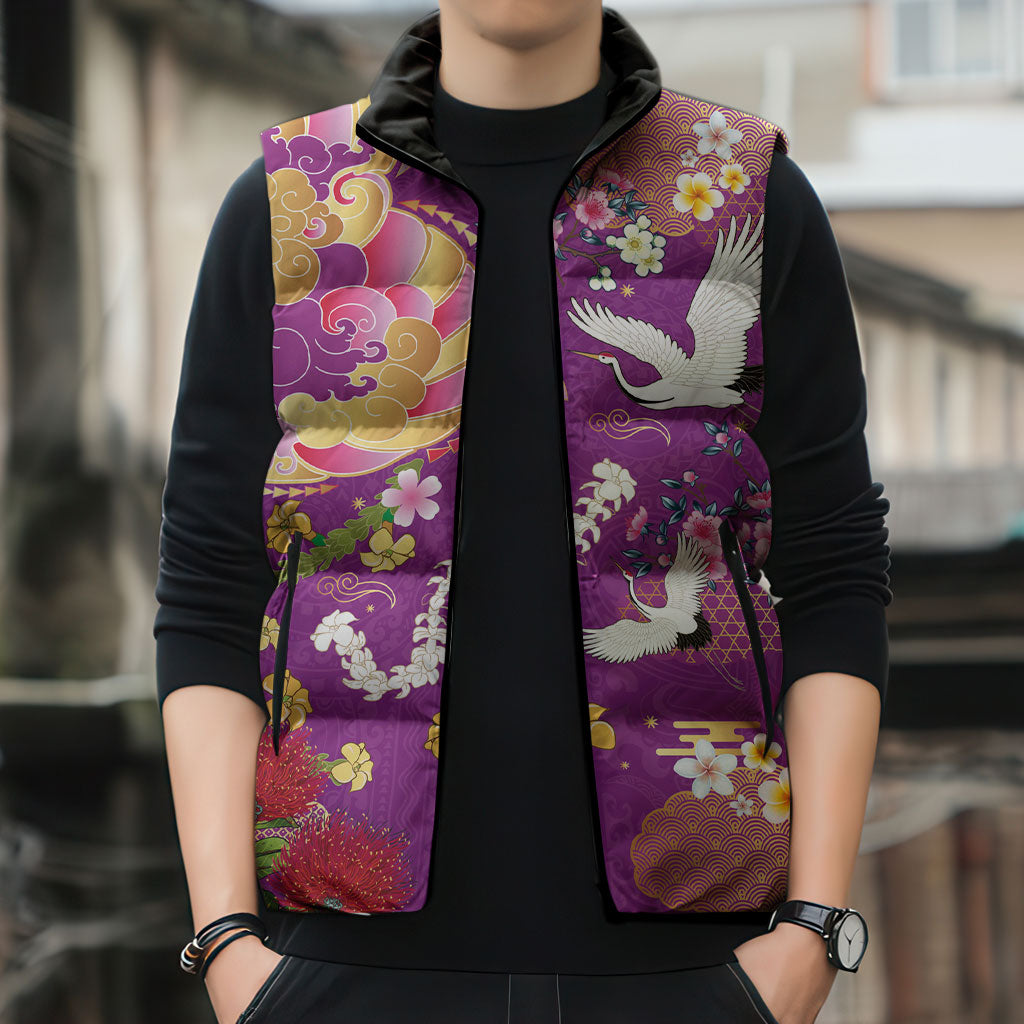 Hawaiian and Japanese Culture Together Sleeveless Puffer Jacket Kakau Tribal Pattern and Irezumi Art Purple Color