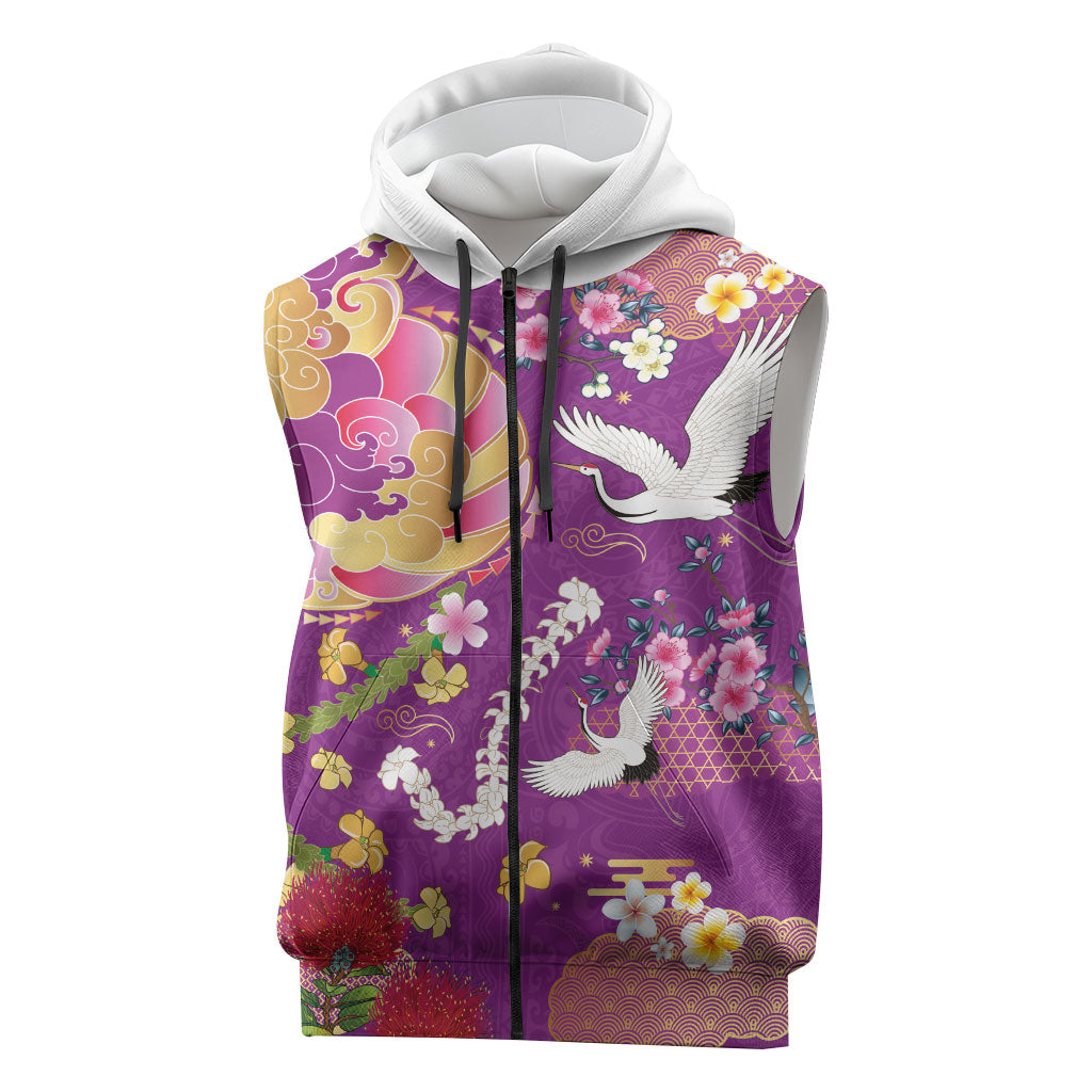 Hawaiian and Japanese Culture Together Sleeveless Zip Hoodie Kakau Tribal Pattern and Irezumi Art Purple Color LT03 Purple - Polynesian Pride