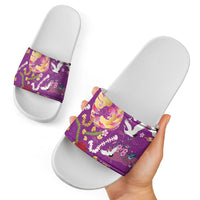 Hawaiian and Japanese Culture Together Slide Sandals Kakau Tribal Pattern and Irezumi Art Purple Color