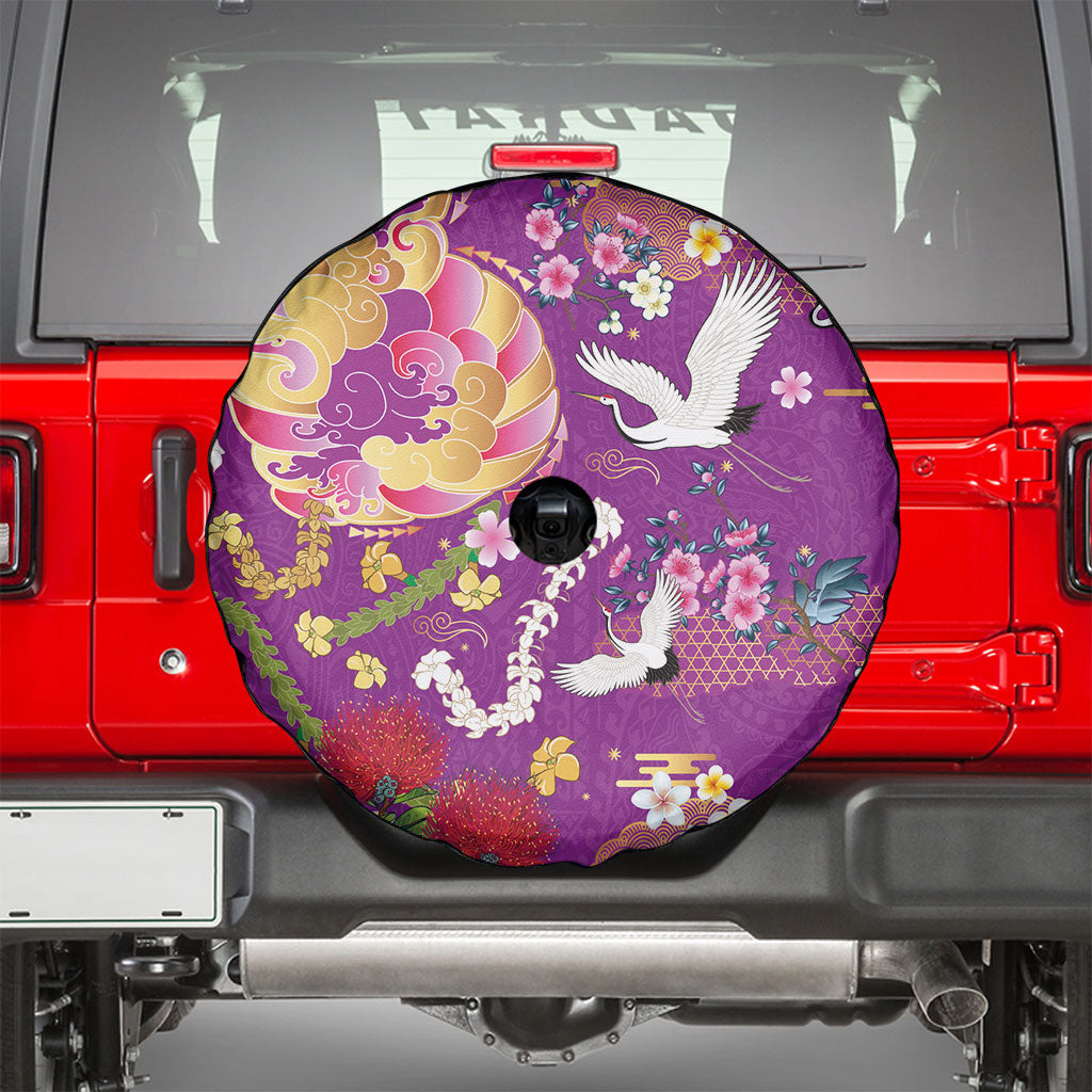 Hawaiian and Japanese Culture Together Spare Tire Cover Kakau Tribal Pattern and Irezumi Art Purple Color