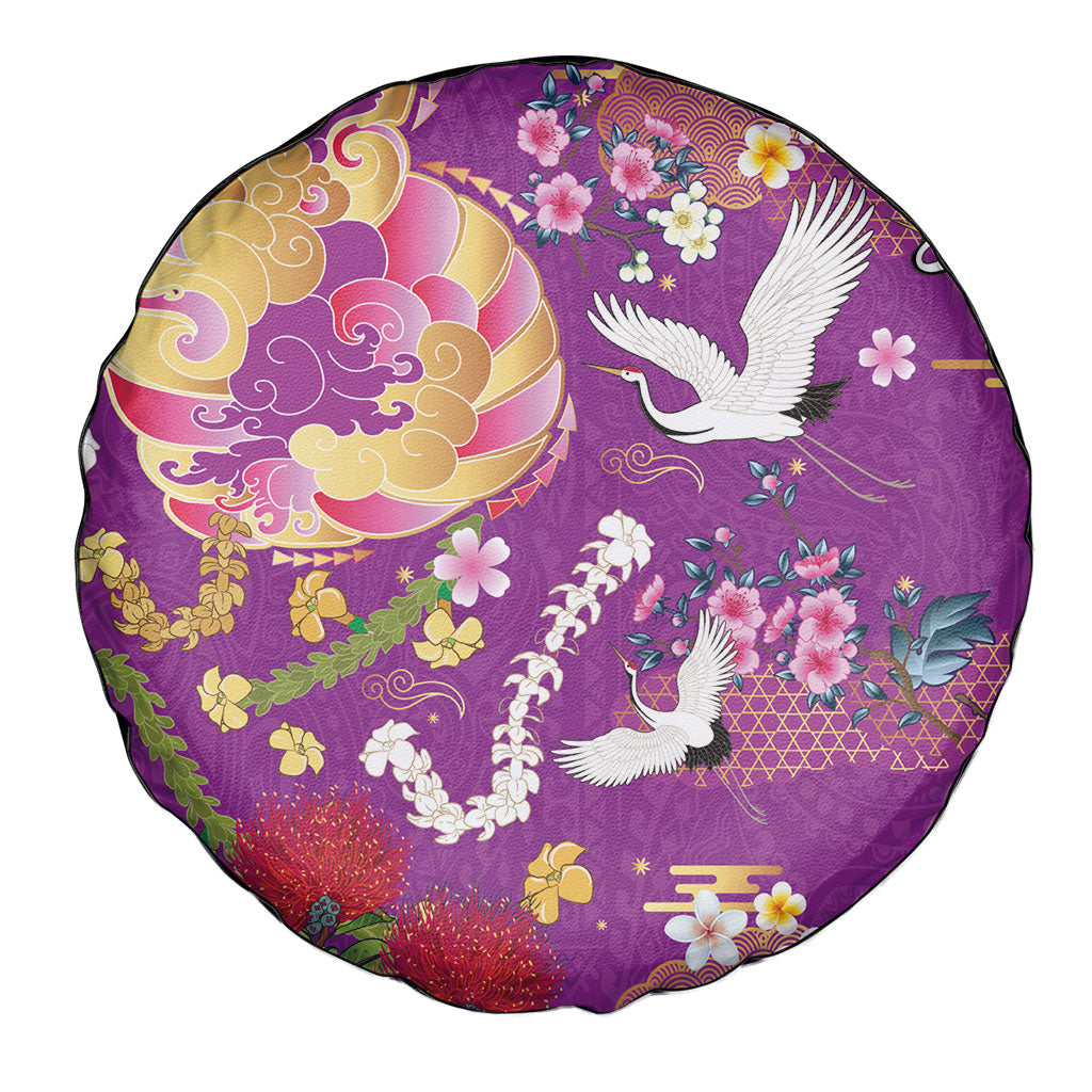 Hawaiian and Japanese Culture Together Spare Tire Cover Kakau Tribal Pattern and Irezumi Art Purple Color