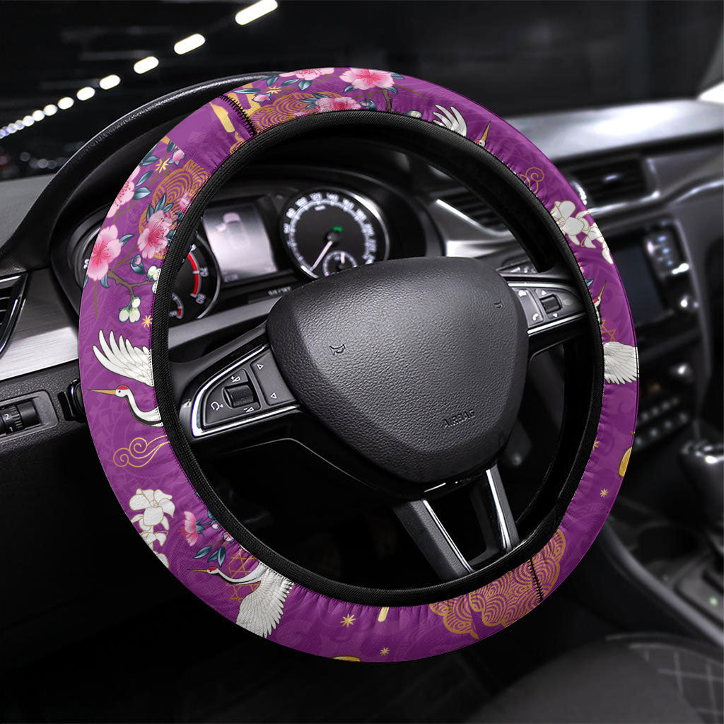 Hawaiian and Japanese Culture Together Steering Wheel Cover Kakau Tribal Pattern and Irezumi Art Purple Color