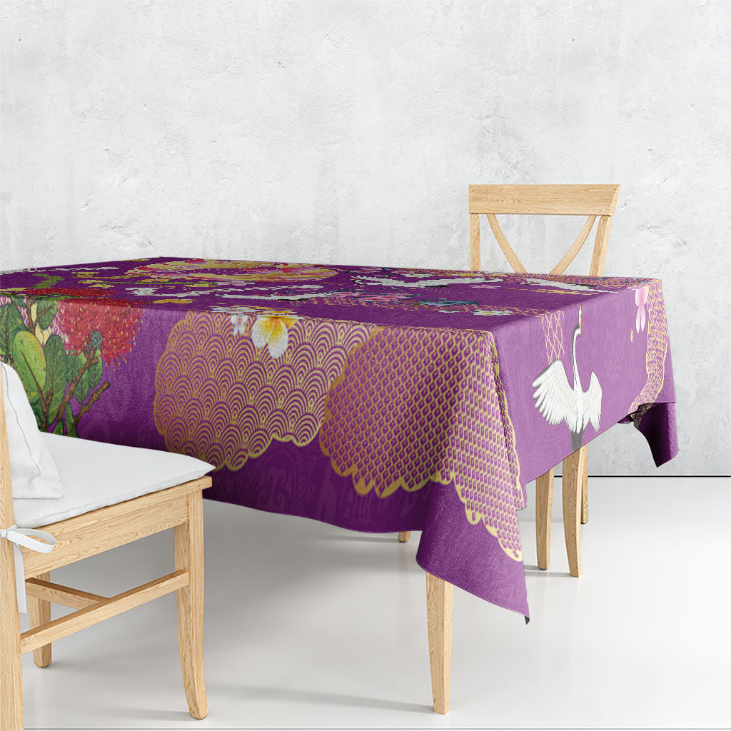 Hawaiian and Japanese Culture Together Tablecloth Kakau Tribal Pattern and Irezumi Art Purple Color