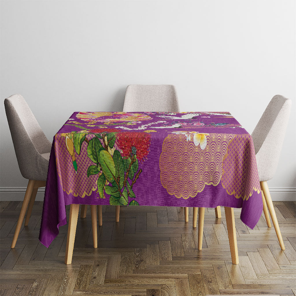 Hawaiian and Japanese Culture Together Tablecloth Kakau Tribal Pattern and Irezumi Art Purple Color