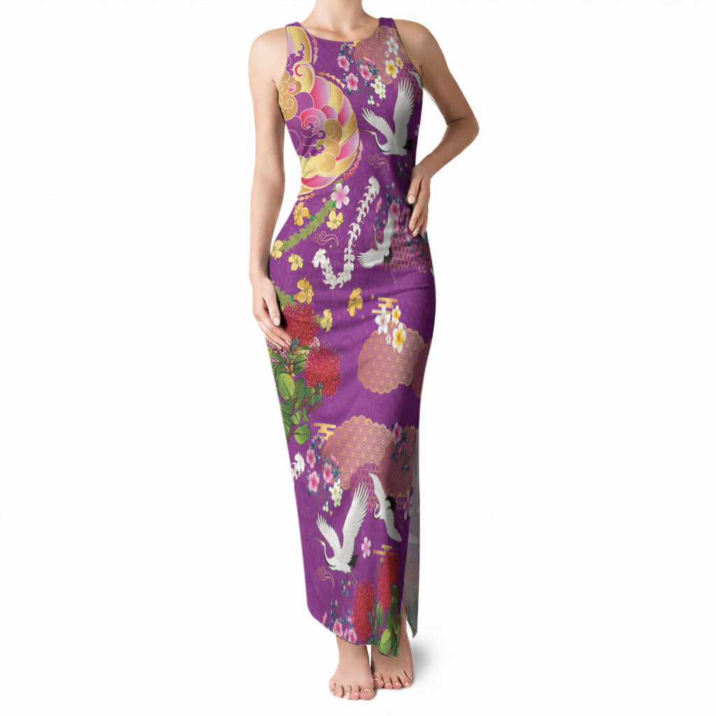Hawaiian and Japanese Culture Together Tank Maxi Dress Kakau Tribal Pattern and Irezumi Art Purple Color