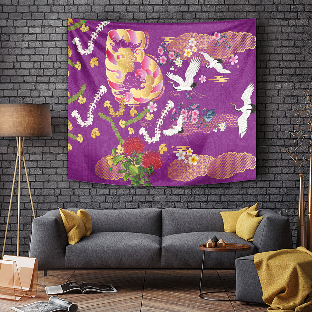 Hawaiian and Japanese Culture Together Tapestry Kakau Tribal Pattern and Irezumi Art Purple Color