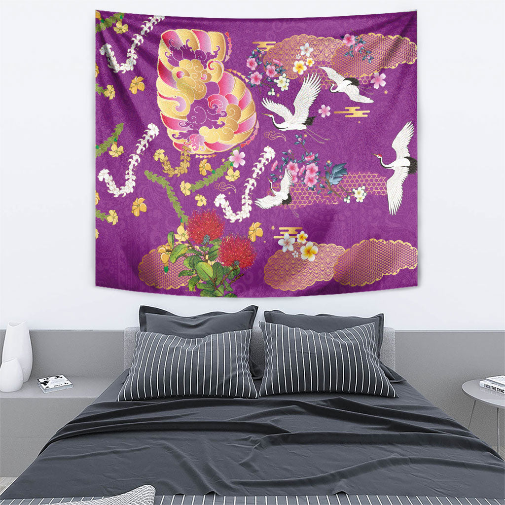 Hawaiian and Japanese Culture Together Tapestry Kakau Tribal Pattern and Irezumi Art Purple Color