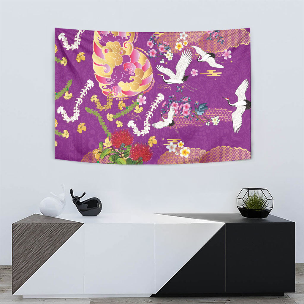 Hawaiian and Japanese Culture Together Tapestry Kakau Tribal Pattern and Irezumi Art Purple Color