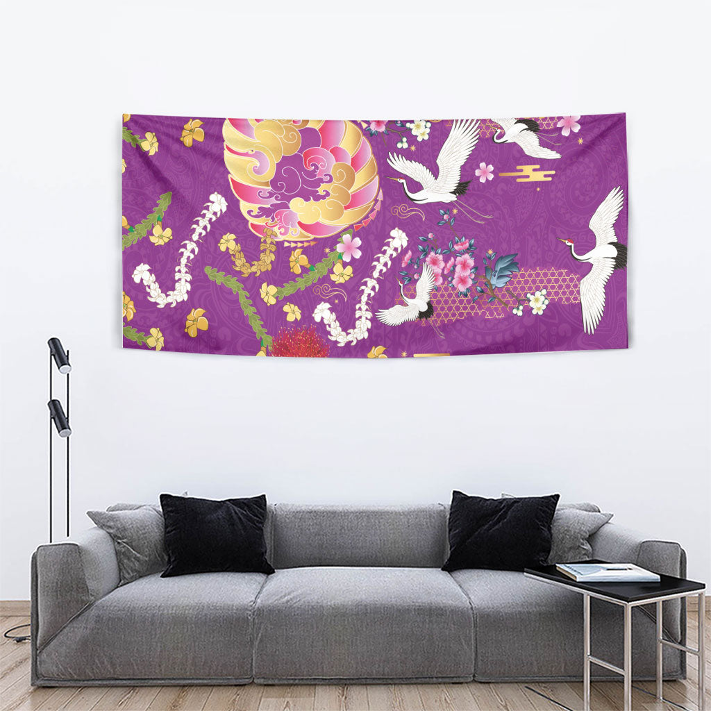 Hawaiian and Japanese Culture Together Tapestry Kakau Tribal Pattern and Irezumi Art Purple Color