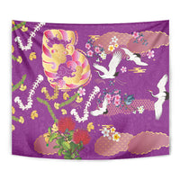 Hawaiian and Japanese Culture Together Tapestry Kakau Tribal Pattern and Irezumi Art Purple Color