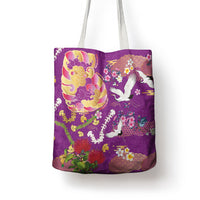 Hawaiian and Japanese Culture Together Tote Bag Kakau Tribal Pattern and Irezumi Art Purple Color