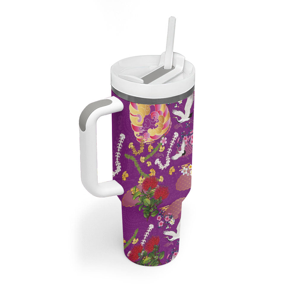Hawaiian and Japanese Culture Together Tumbler With Handle Kakau Tribal Pattern and Irezumi Art Purple Color