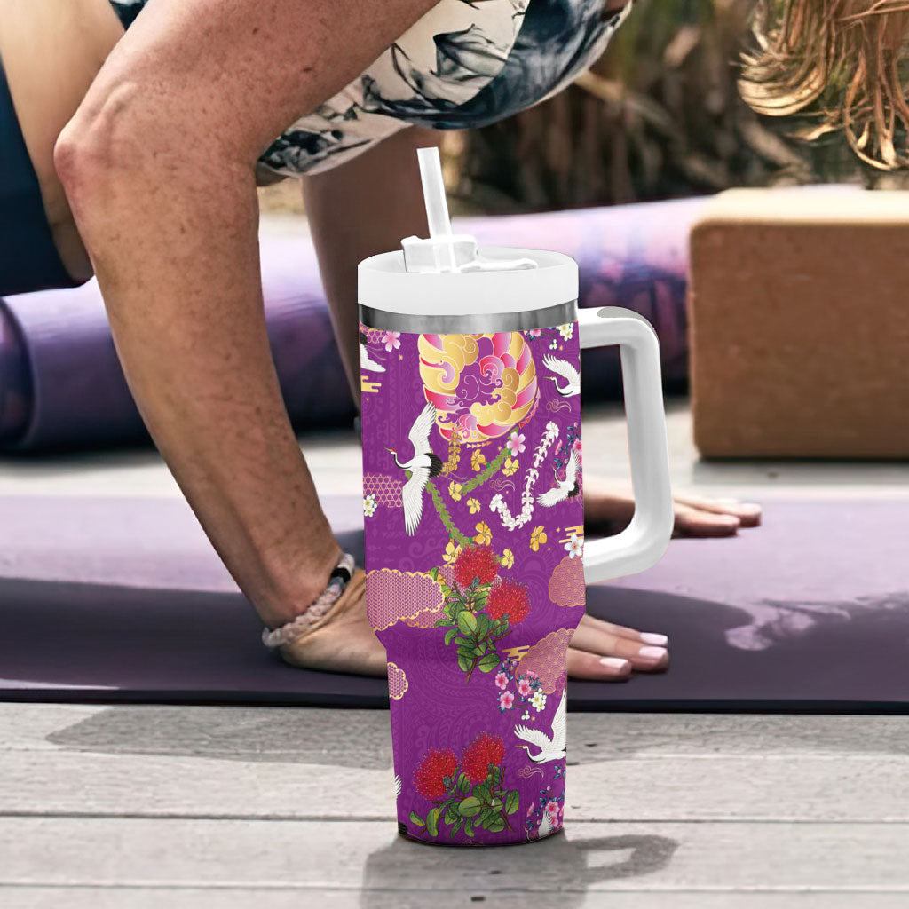Hawaiian and Japanese Culture Together Tumbler With Handle Kakau Tribal Pattern and Irezumi Art Purple Color